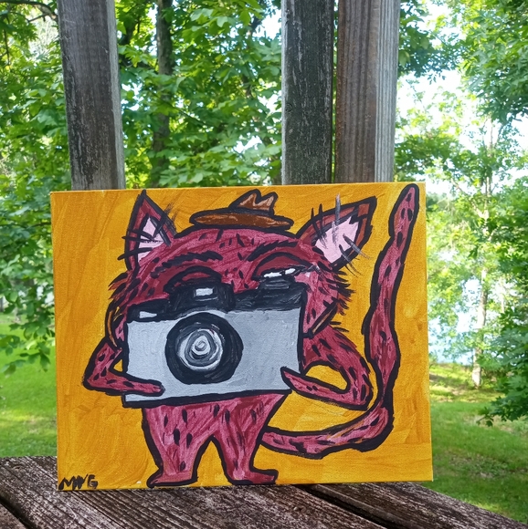 Cat Taking A Picture Painting Folk Art Home Whimsical Decor - Picture 3 of 6